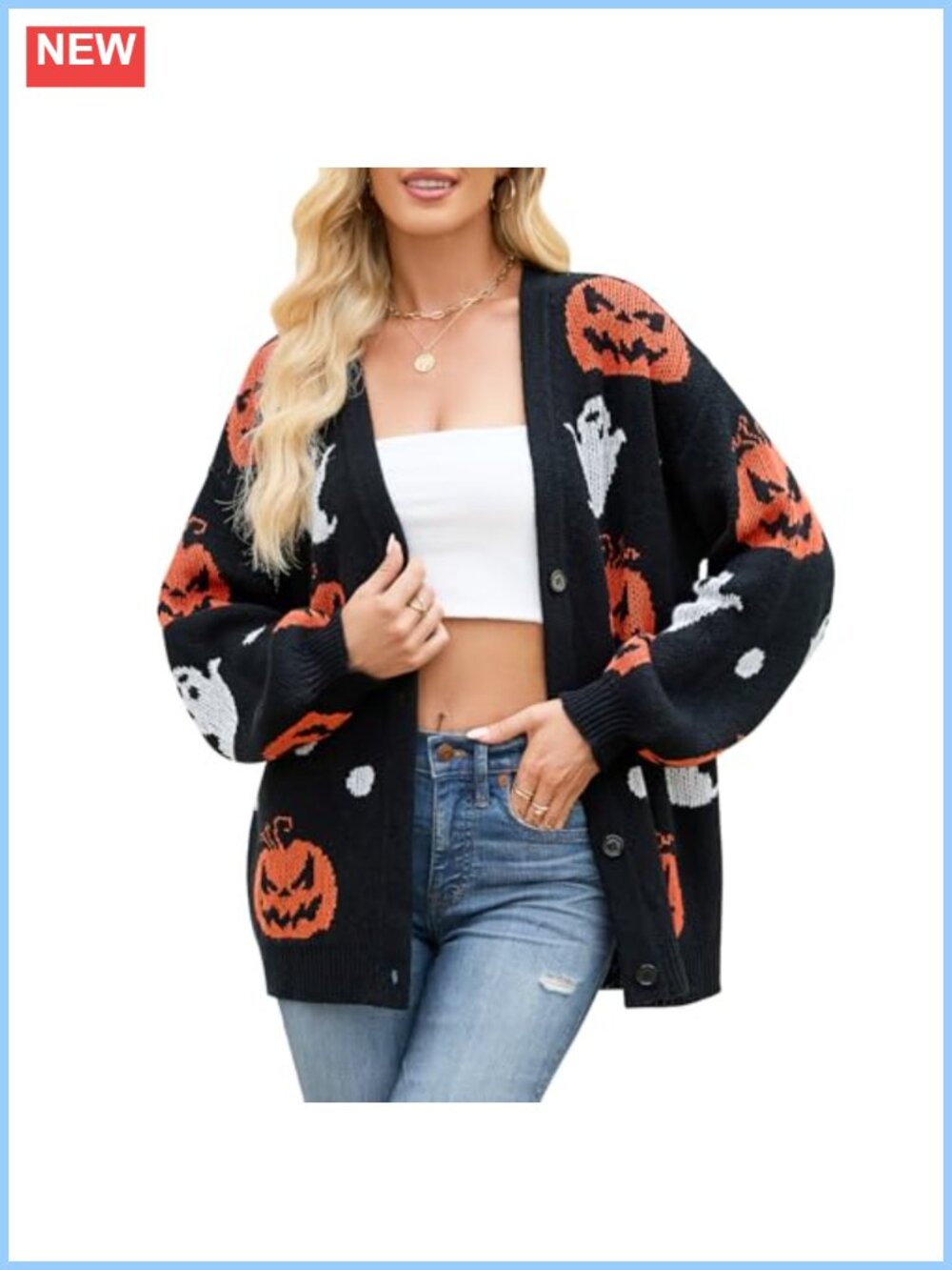 Womens Halloween Cardigan Sweater Pumpkin Ghost Print Button V-Neck